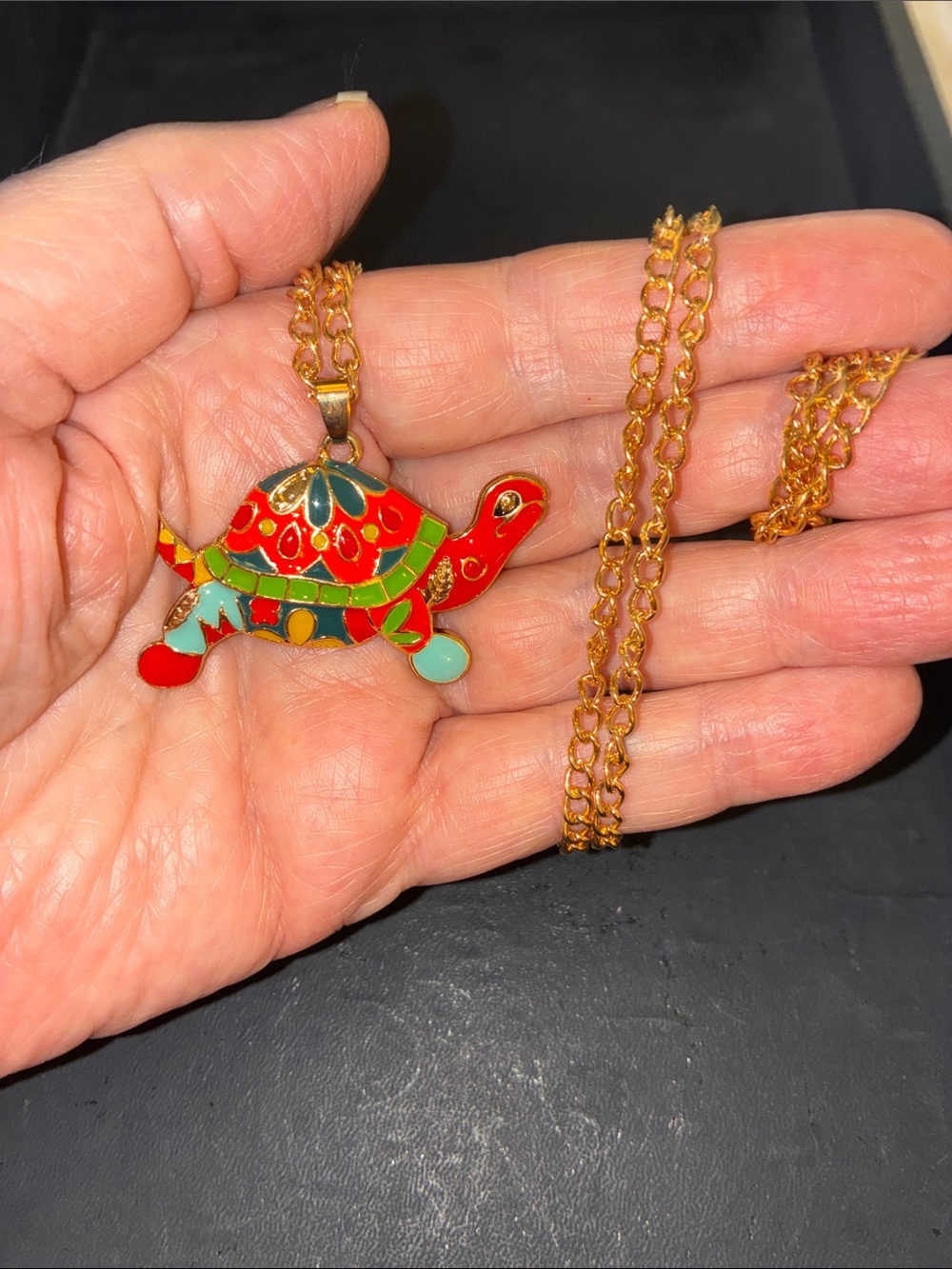 Colorful Turtle Pendant Necklace - Gold Chain, Red & Green Enamel